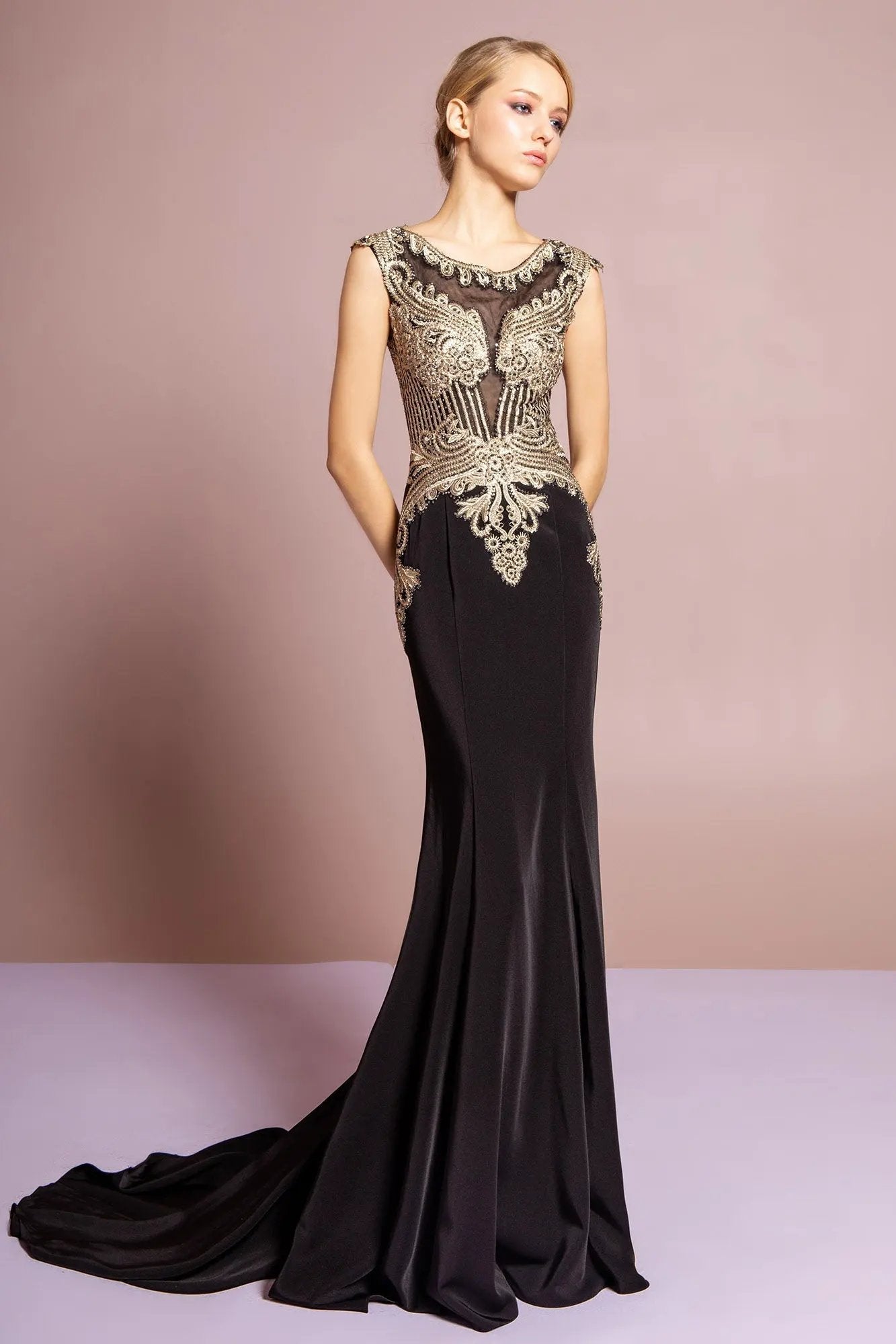 Jewel Embellished Embroidery Jersey Long Dress with Sheer Back by Tux-USA