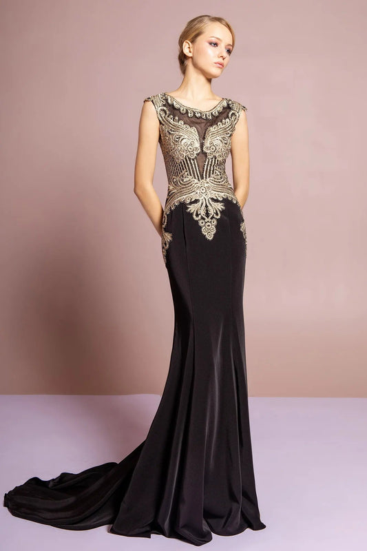 Jewel Embellished Embroidery Jersey Long Dress with Sheer Back by Tux-USA
