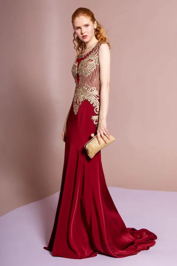 Jewel Embellished Embroidery Jersey Long Dress with Sheer Back by Tux-USA