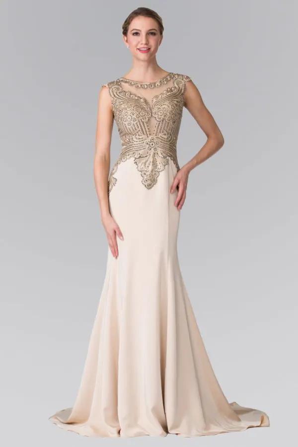 Jewel Embellished Embroidery Jersey Long Dress with Sheer Back by Tux-USA