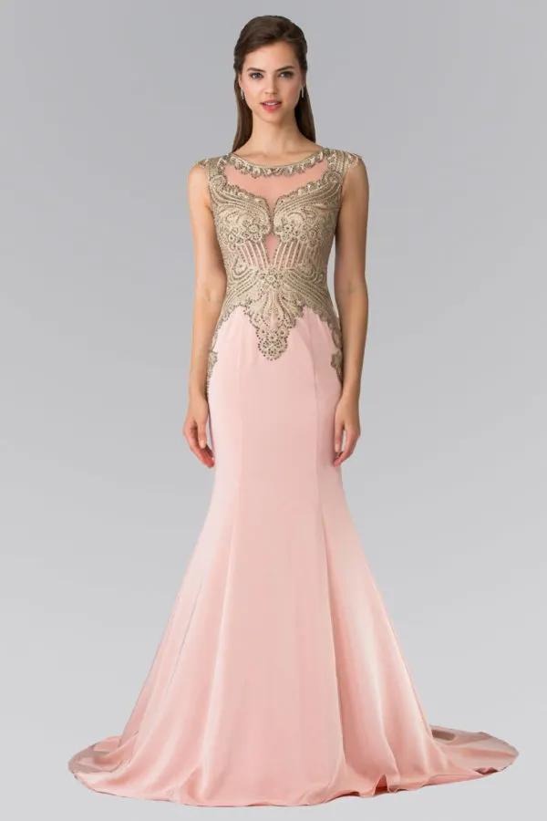 Jewel Embellished Embroidery Jersey Long Dress with Sheer Back by Tux-USA