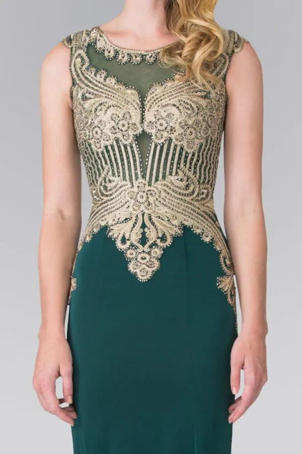 Jewel Embellished Embroidery Jersey Long Dress with Sheer Back by Tux-USA