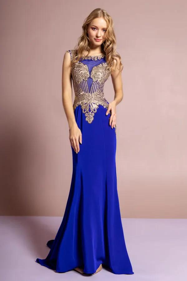 Jewel Embellished Embroidery Jersey Long Dress with Sheer Back by Tux-USA