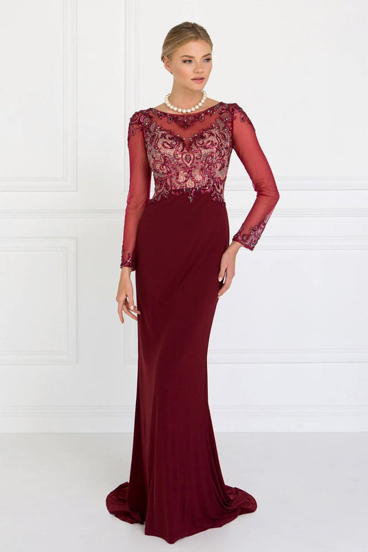 Jersey Illusion Sweetheart Mermaid Long Dress with Long Sleeves by Tux-USA