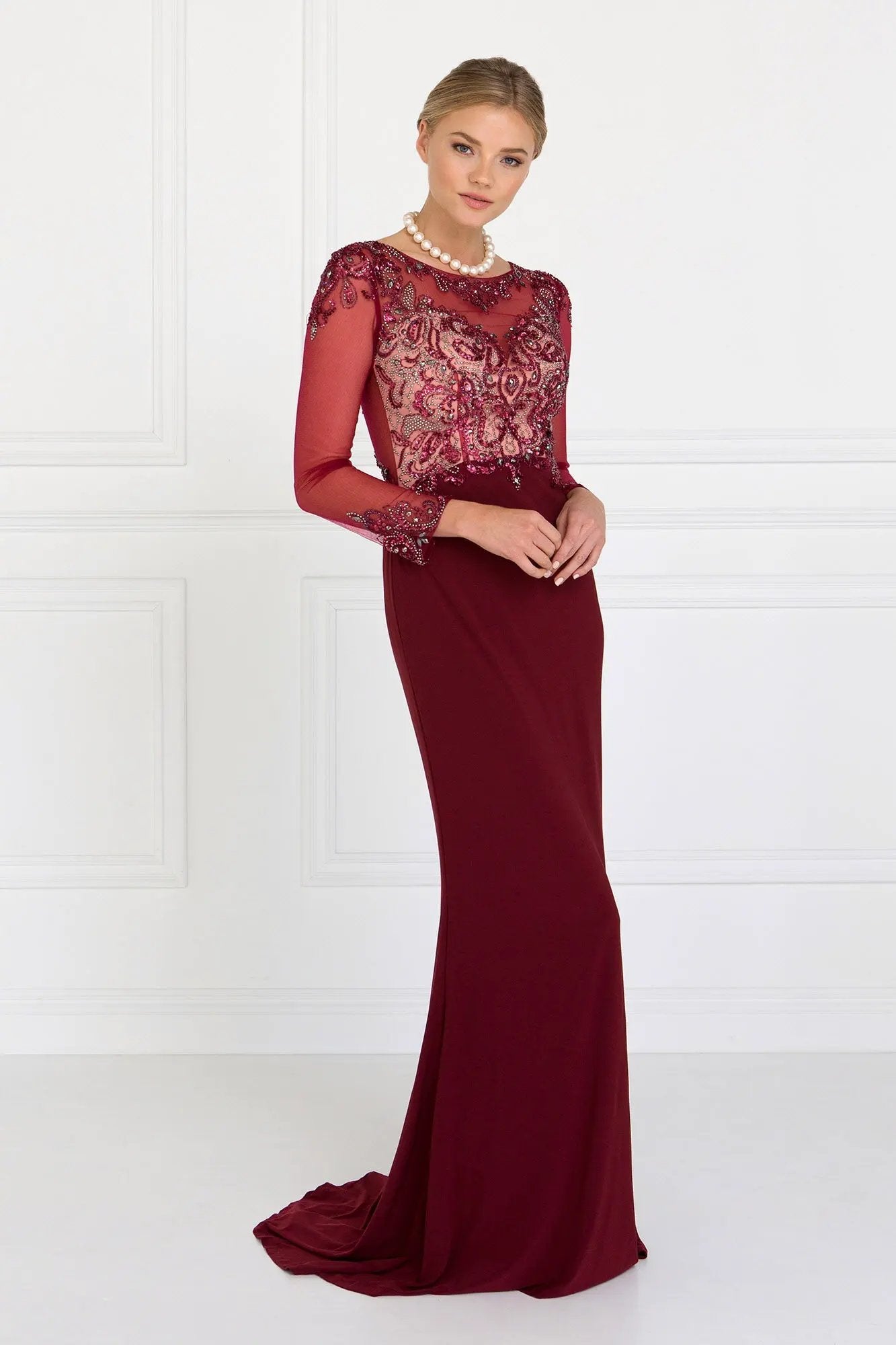 Jersey Illusion Sweetheart Mermaid Long Dress with Long Sleeves by Tux-USA
