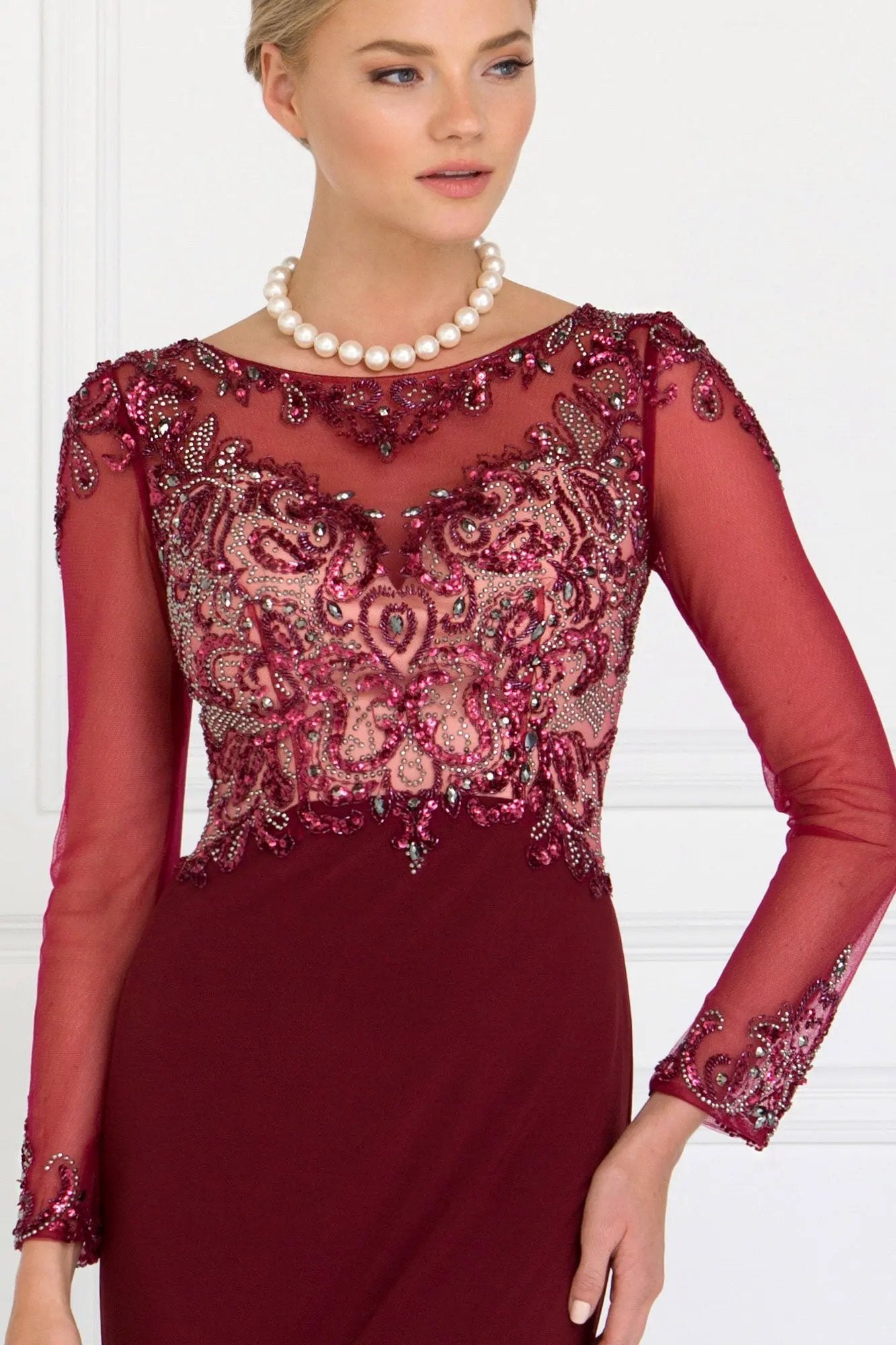 Jersey Illusion Sweetheart Mermaid Long Dress with Long Sleeves by Tux-USA