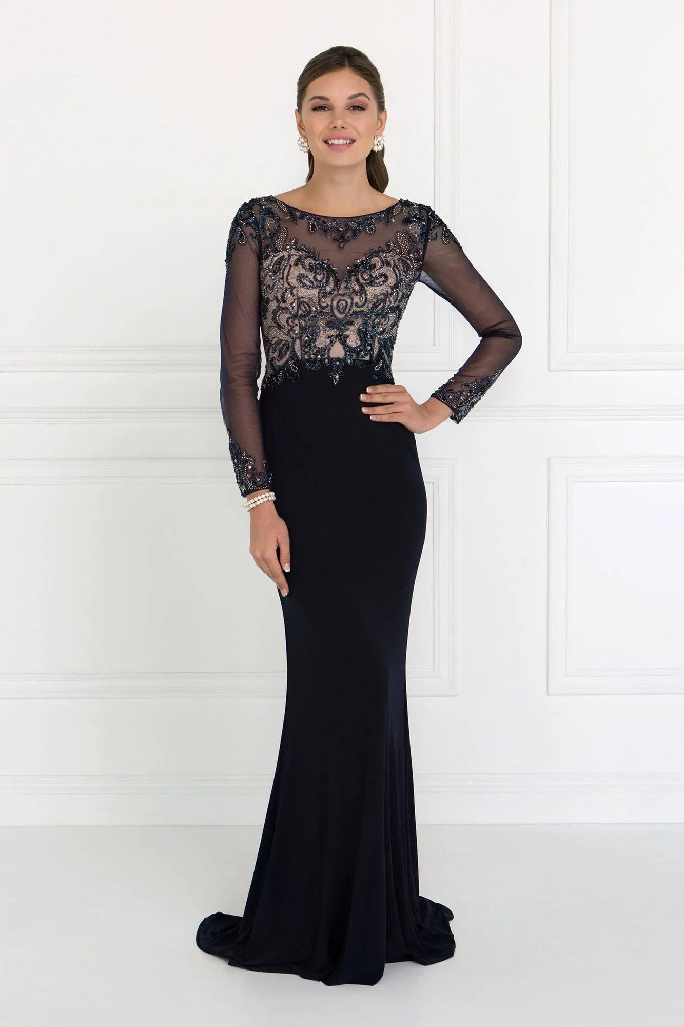 Jersey Illusion Sweetheart Mermaid Long Dress with Long Sleeves by Tux-USA