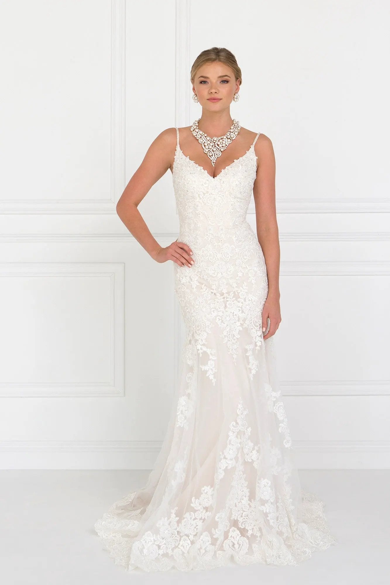 Lace V-Neck Mermaid Long Dress With Lace Applique by Tux-USA
