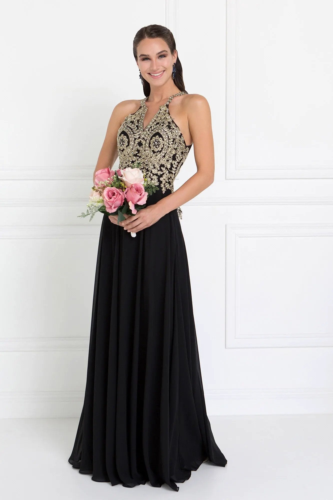 Chiffon Deep V-Back A-Line Long Dress Accented with Embroidery by Tux-USA