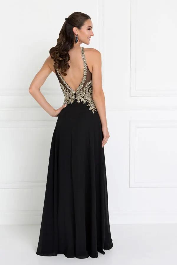 Chiffon Deep V-Back A-Line Long Dress Accented with Embroidery by Tux-USA