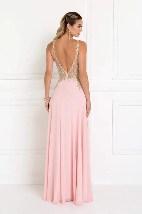 Chiffon Deep V-Back A-Line Long Dress Accented with Embroidery by Tux-USA