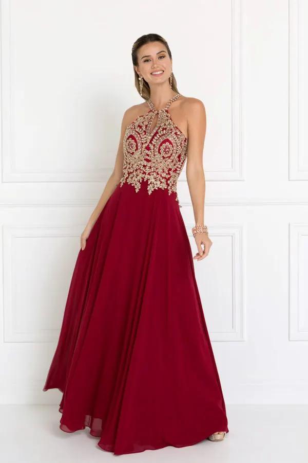 Chiffon Deep V-Back A-Line Long Dress Accented with Embroidery by Tux-USA