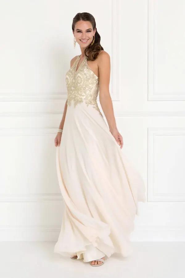 Chiffon Deep V-Back A-Line Long Dress Accented with Embroidery by Tux-USA