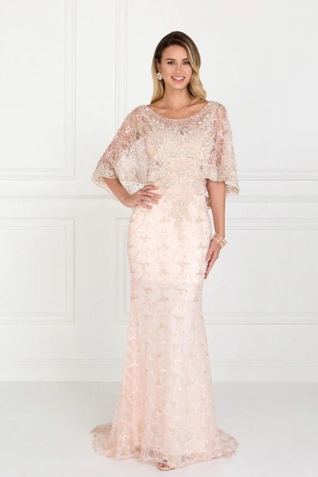 Mesh Mermaid Long Dress with Embroidered Cape Sleeves by Tux-USA