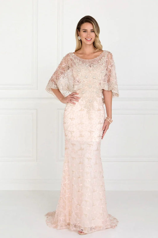 Mesh Mermaid Long Dress with Embroidered Cape Sleeves by Tux-USA