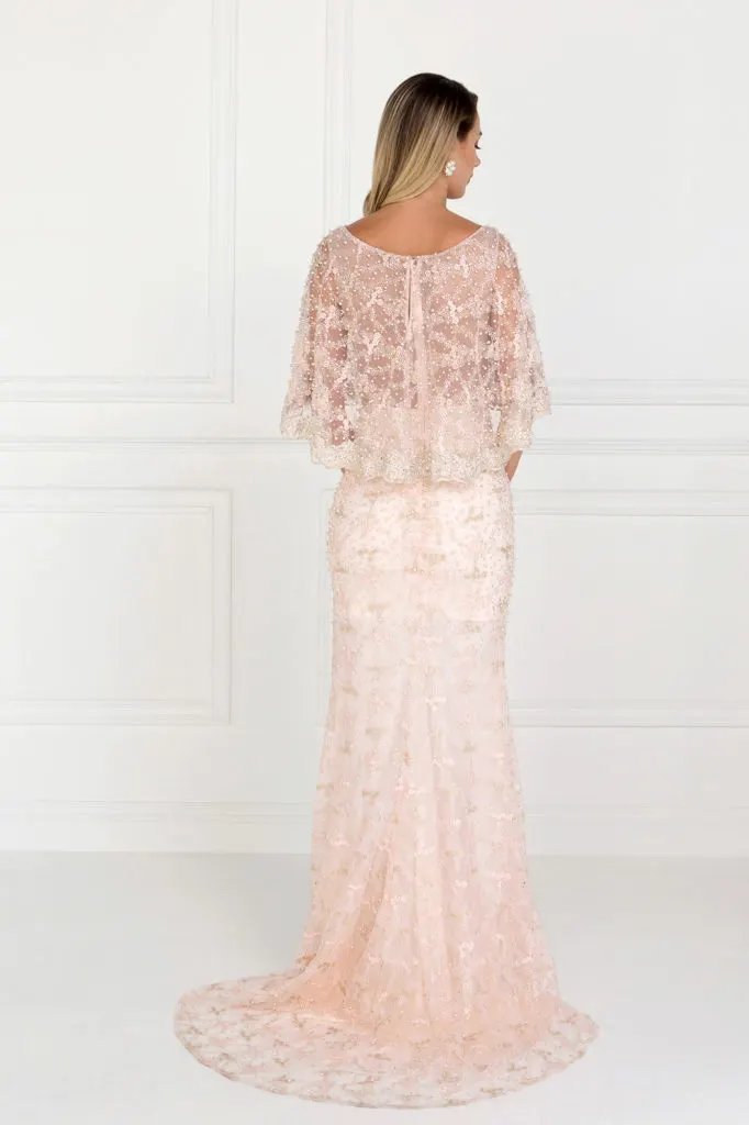 Mesh Mermaid Long Dress with Embroidered Cape Sleeves by Tux-USA