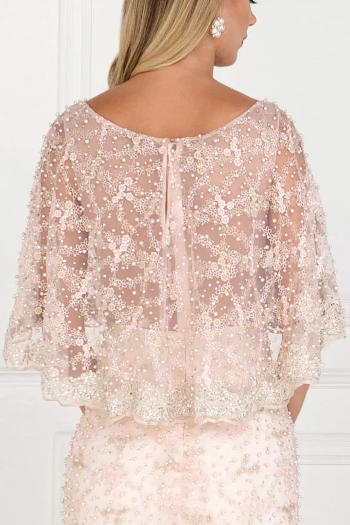 Mesh Mermaid Long Dress with Embroidered Cape Sleeves by Tux-USA