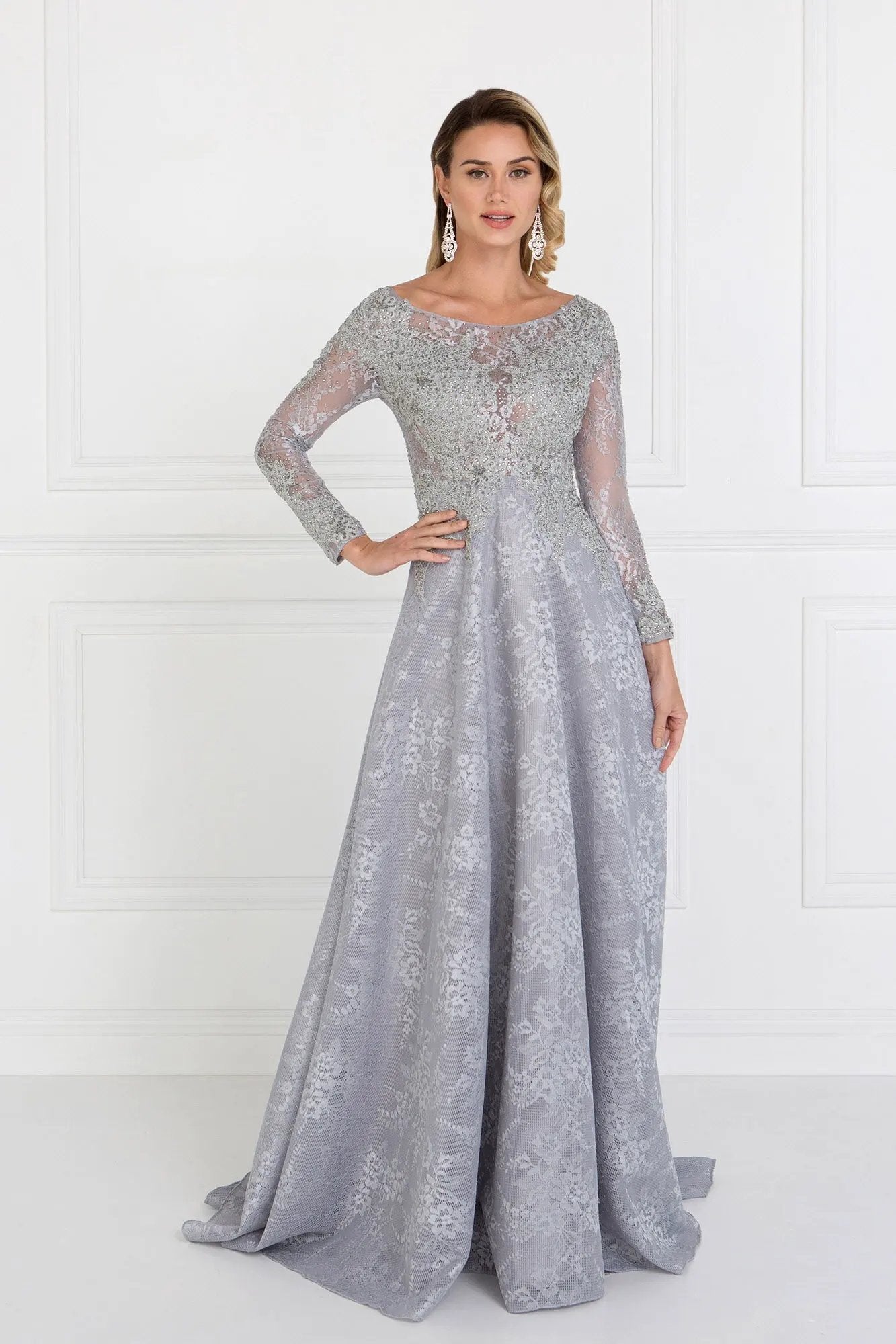 Lace A-Line Long Dress with Long Sleeves by Tux-USA