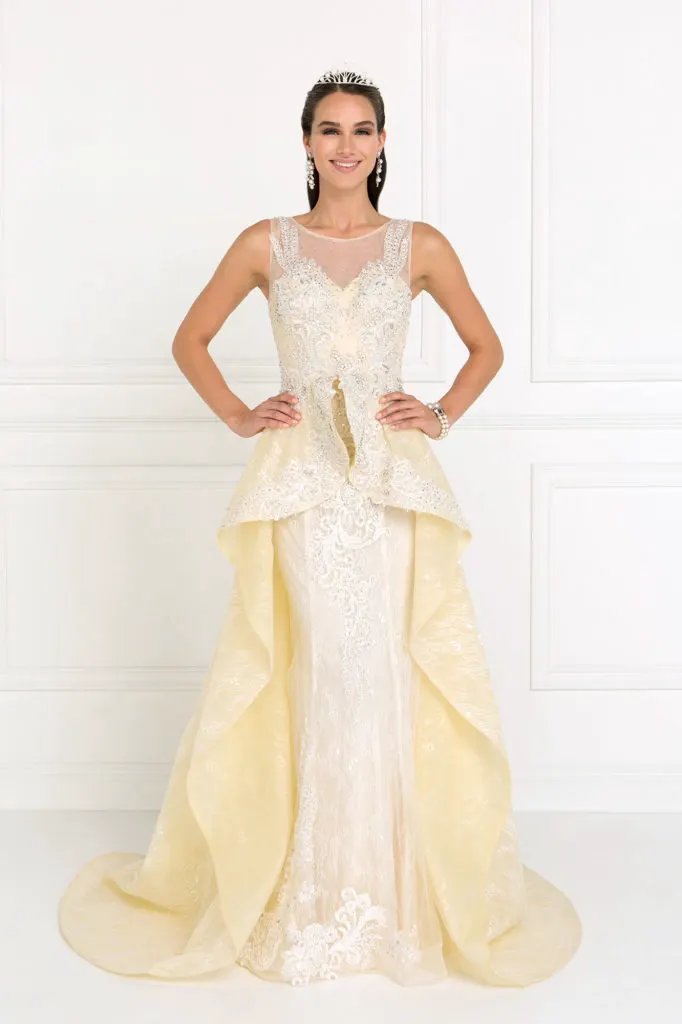 Lace Illusion Sweetheart A-Line Long Dress with Organza Overlay by Tux-USA