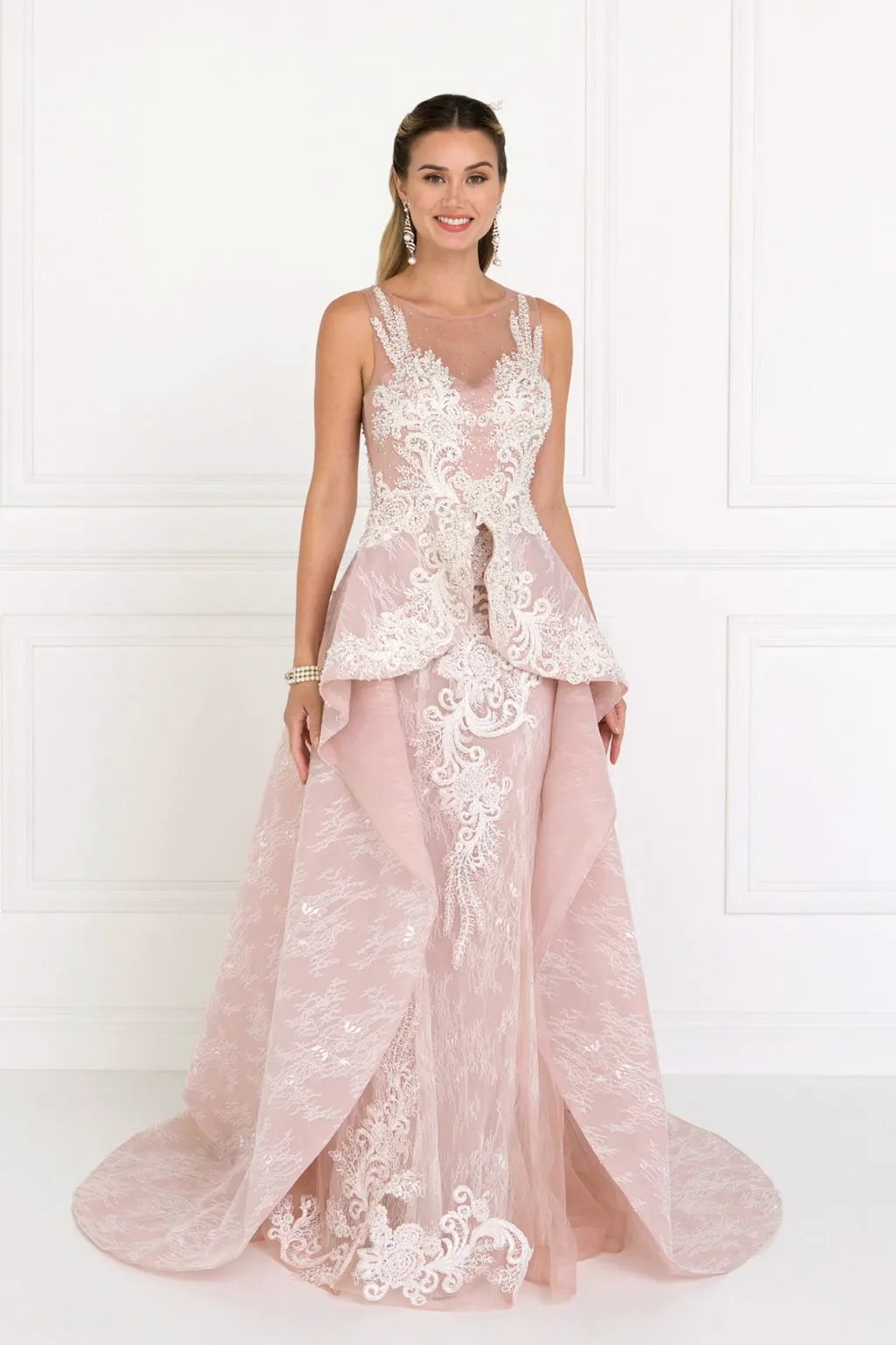 Lace Illusion Sweetheart A-Line Long Dress with Organza Overlay by Tux-USA