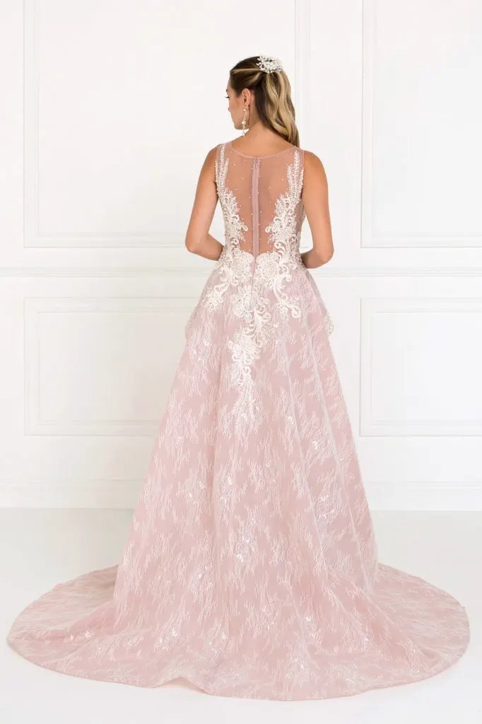 Lace Illusion Sweetheart A-Line Long Dress with Organza Overlay by Tux-USA