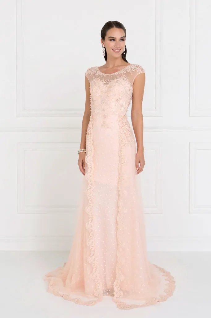 Lace A-Line Long Dress with Tulle Overlay by Tux-USA