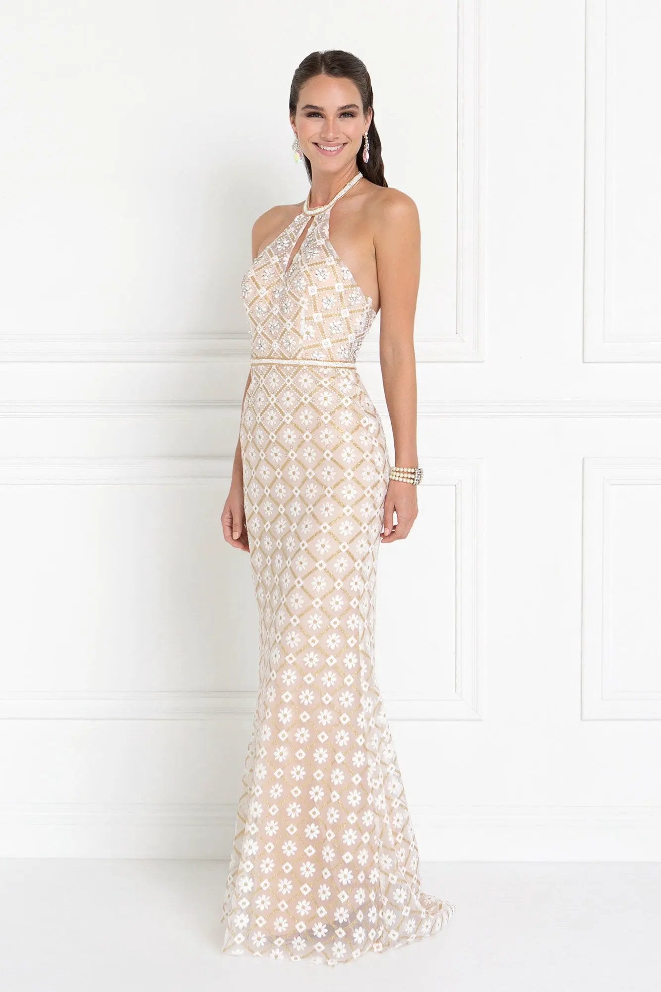 Tulle Halter Mermaid Long Dress with Jewels Embellished by Tux-USA