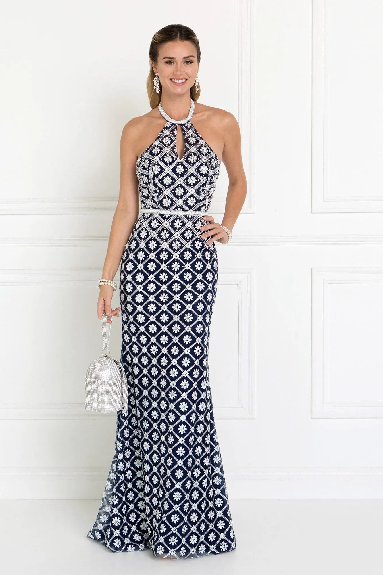 Tulle Halter Mermaid Long Dress with Jewels Embellished by Tux-USA
