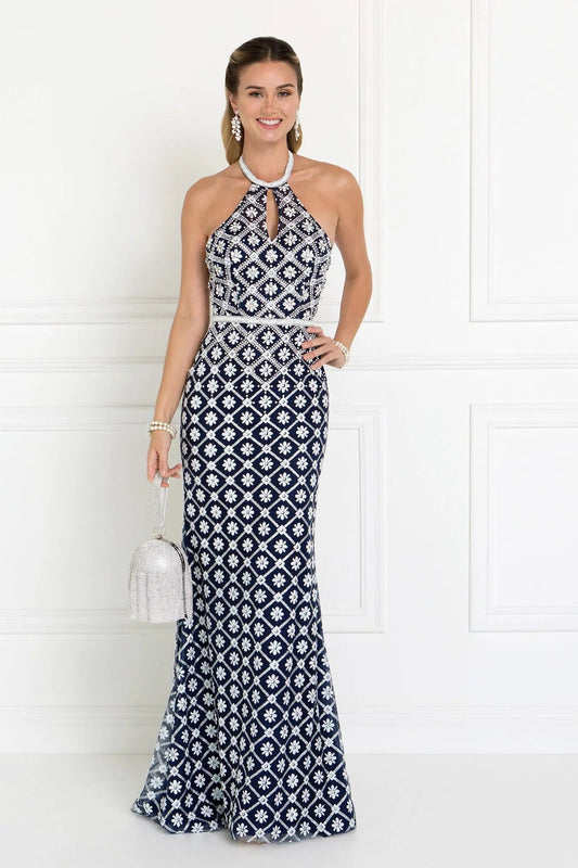 Tulle Halter Mermaid Long Dress with Jewels Embellished by Tux-USA