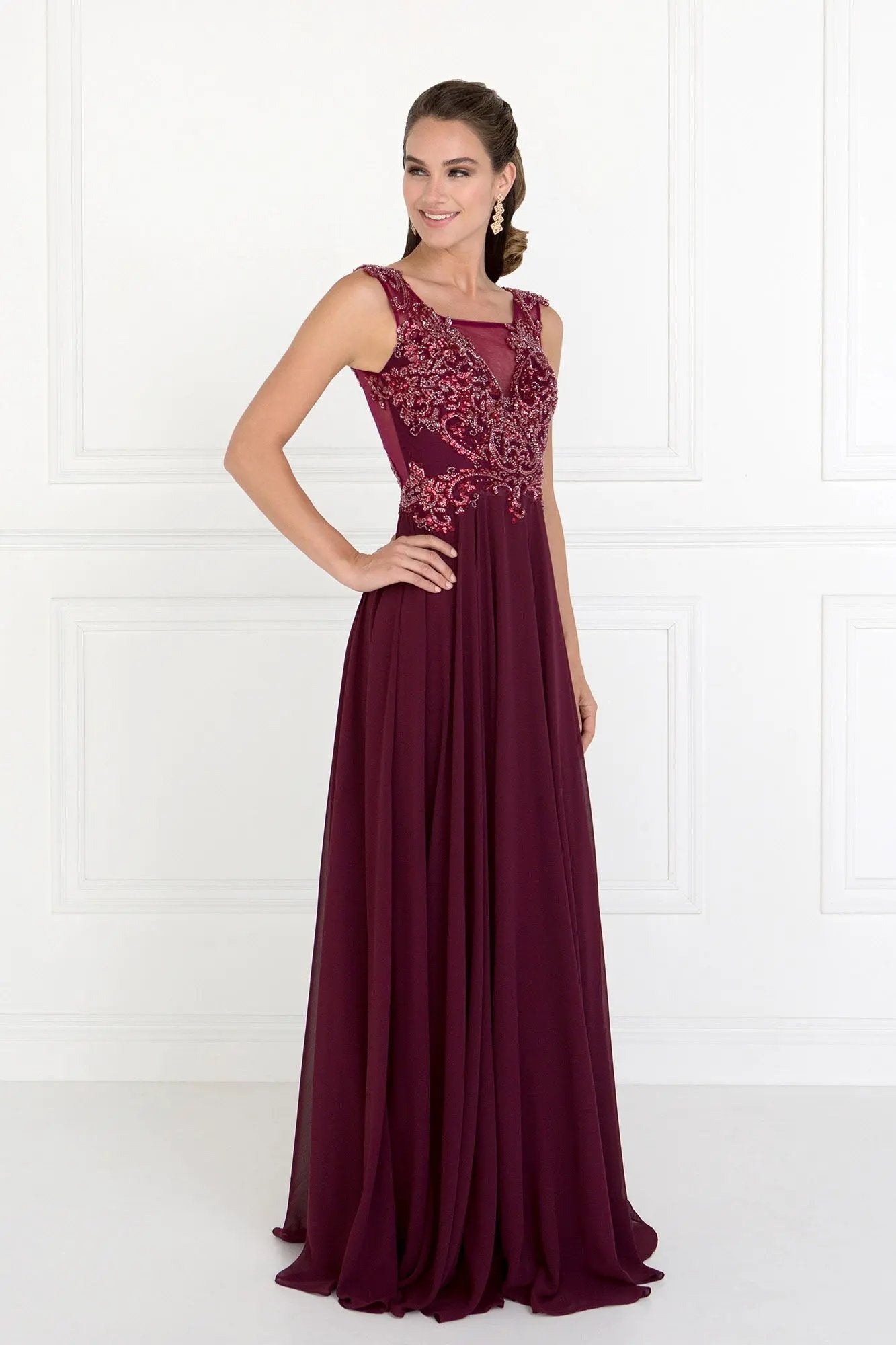 Chiffon Illusion V-Neck A-Line Long Dress with Beads Embellished by Tux-USA