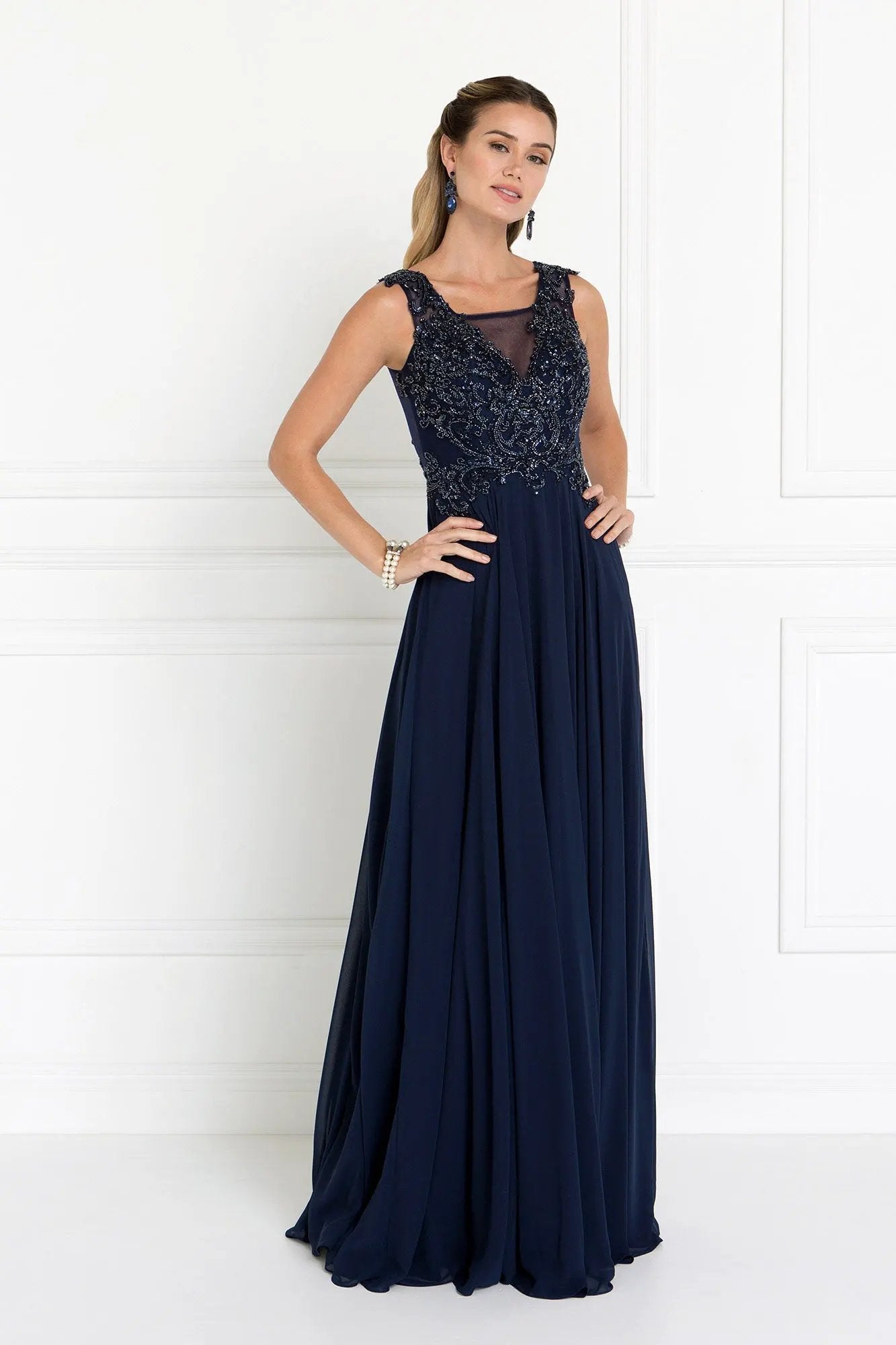 Chiffon Illusion V-Neck A-Line Long Dress with Beads Embellished by Tux-USA