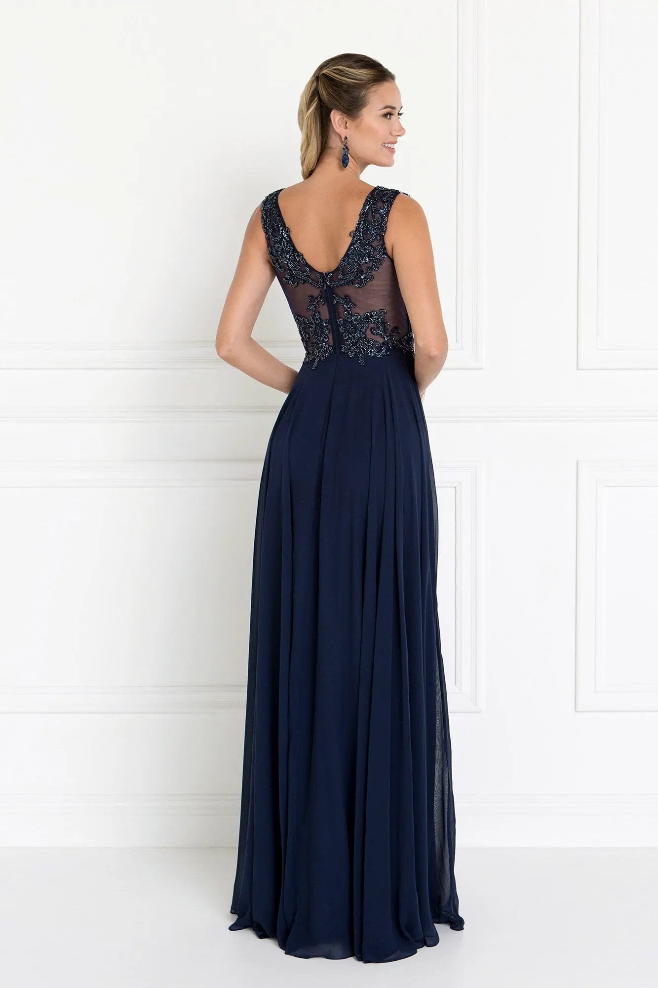 Chiffon Illusion V-Neck A-Line Long Dress with Beads Embellished by Tux-USA