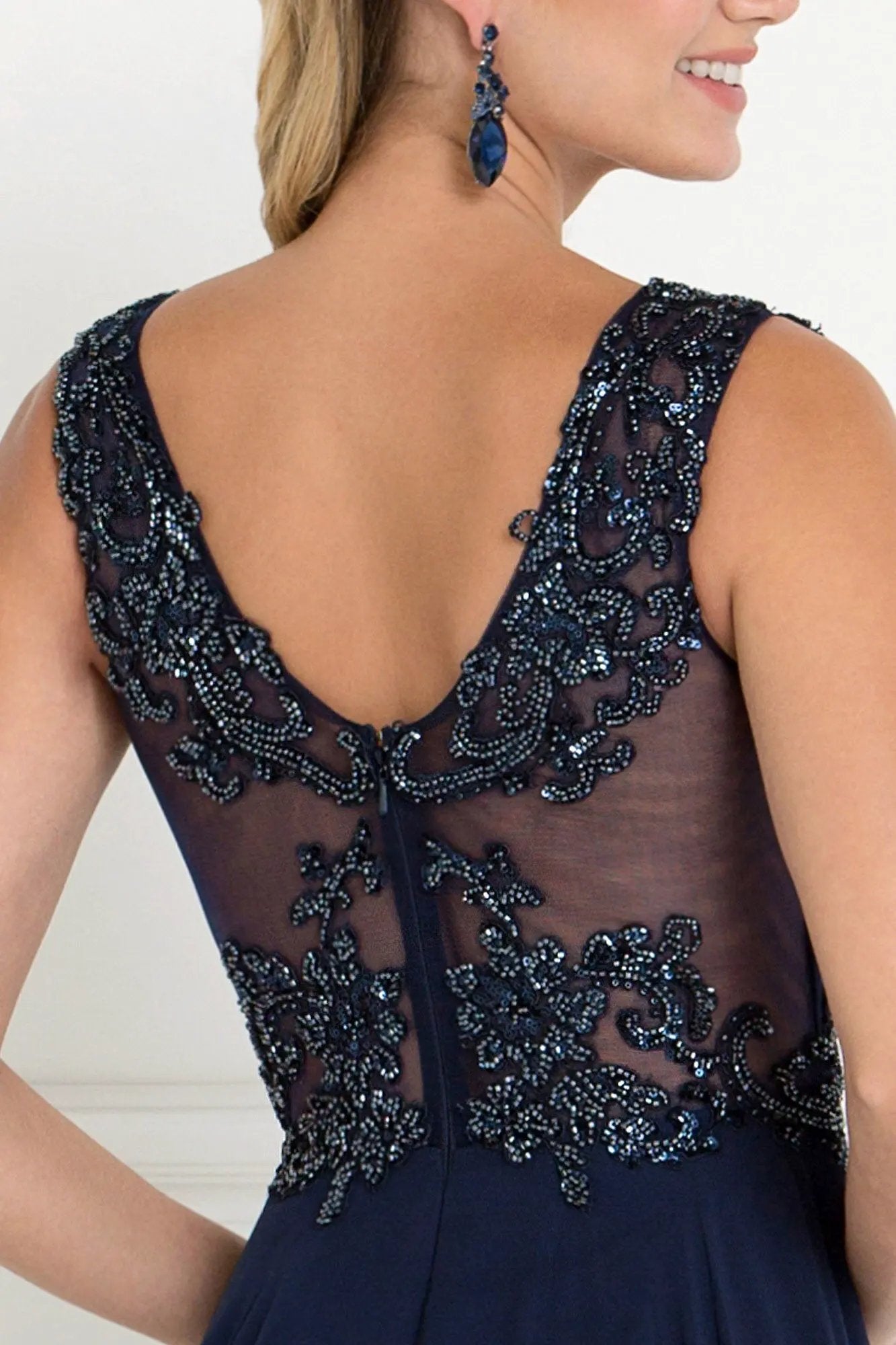 Chiffon Illusion V-Neck A-Line Long Dress with Beads Embellished by Tux-USA