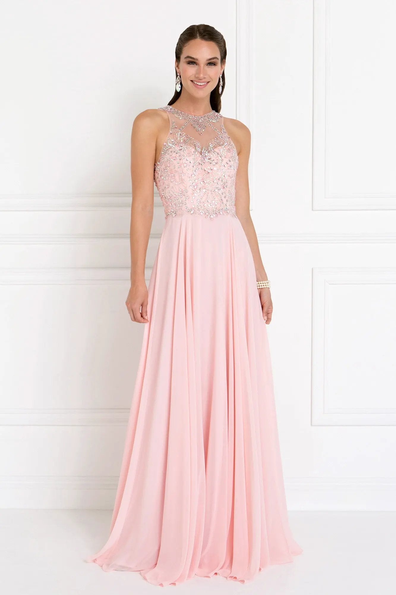 Chiffon Illusion Sweetheart A-Line Long Dress with Rhinestones by Tux-USA