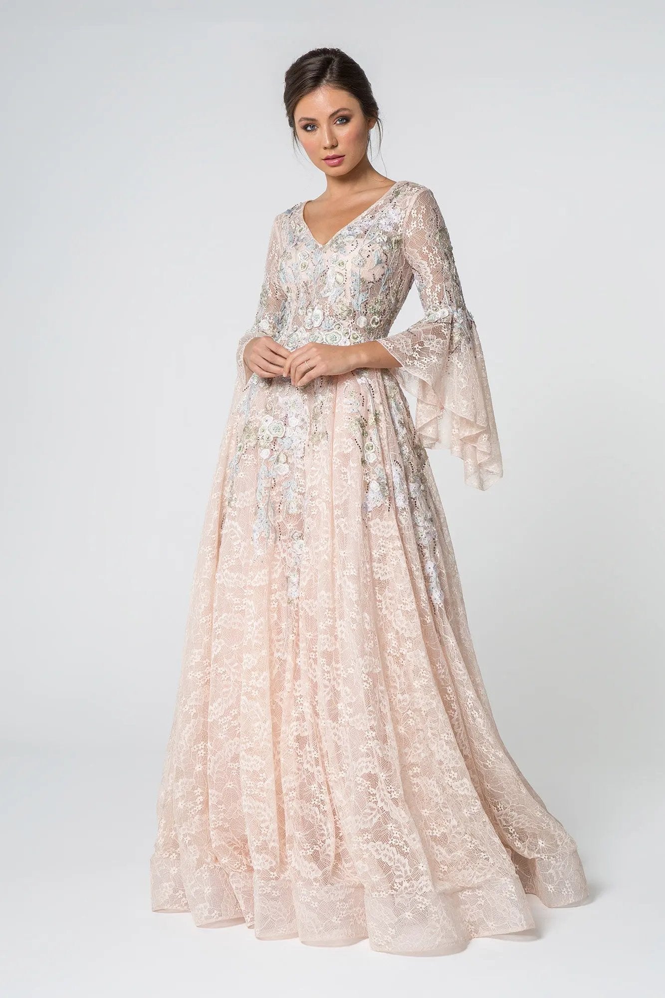 Lace V-Neck A-Line Long Dress with Embroidery and Trumpet Sleeves by Tux-USA