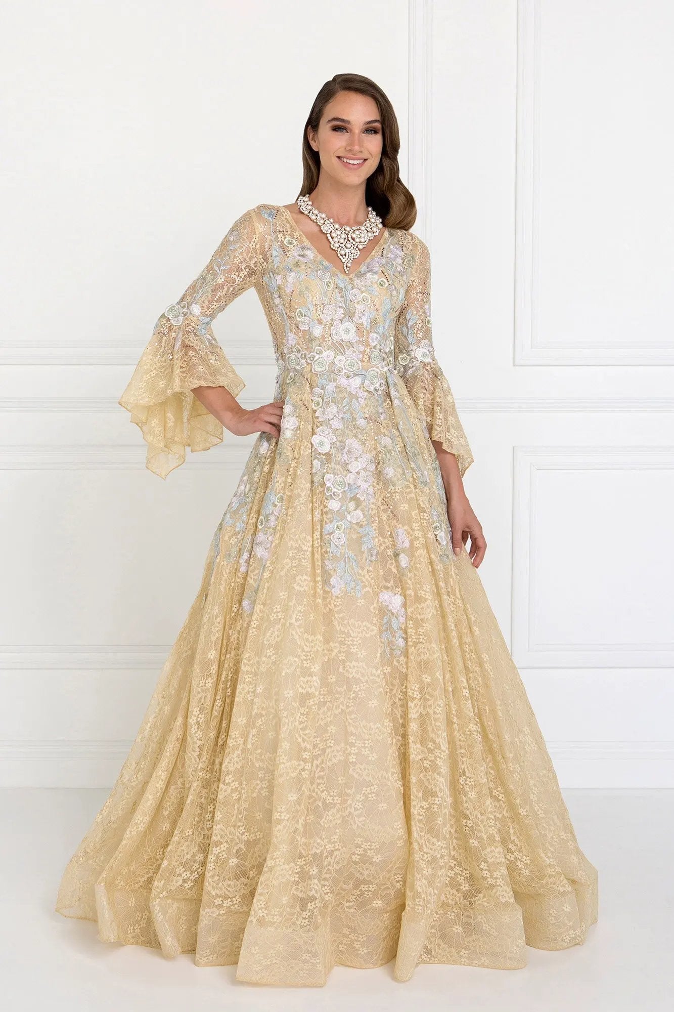 Lace V-Neck A-Line Long Dress with Embroidery and Trumpet Sleeves by Tux-USA