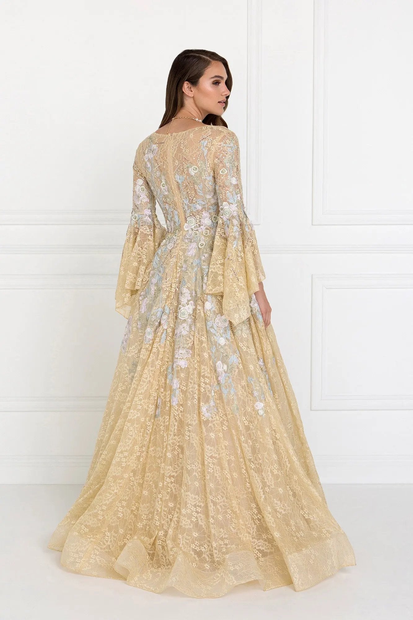 Lace V-Neck A-Line Long Dress with Embroidery and Trumpet Sleeves by Tux-USA