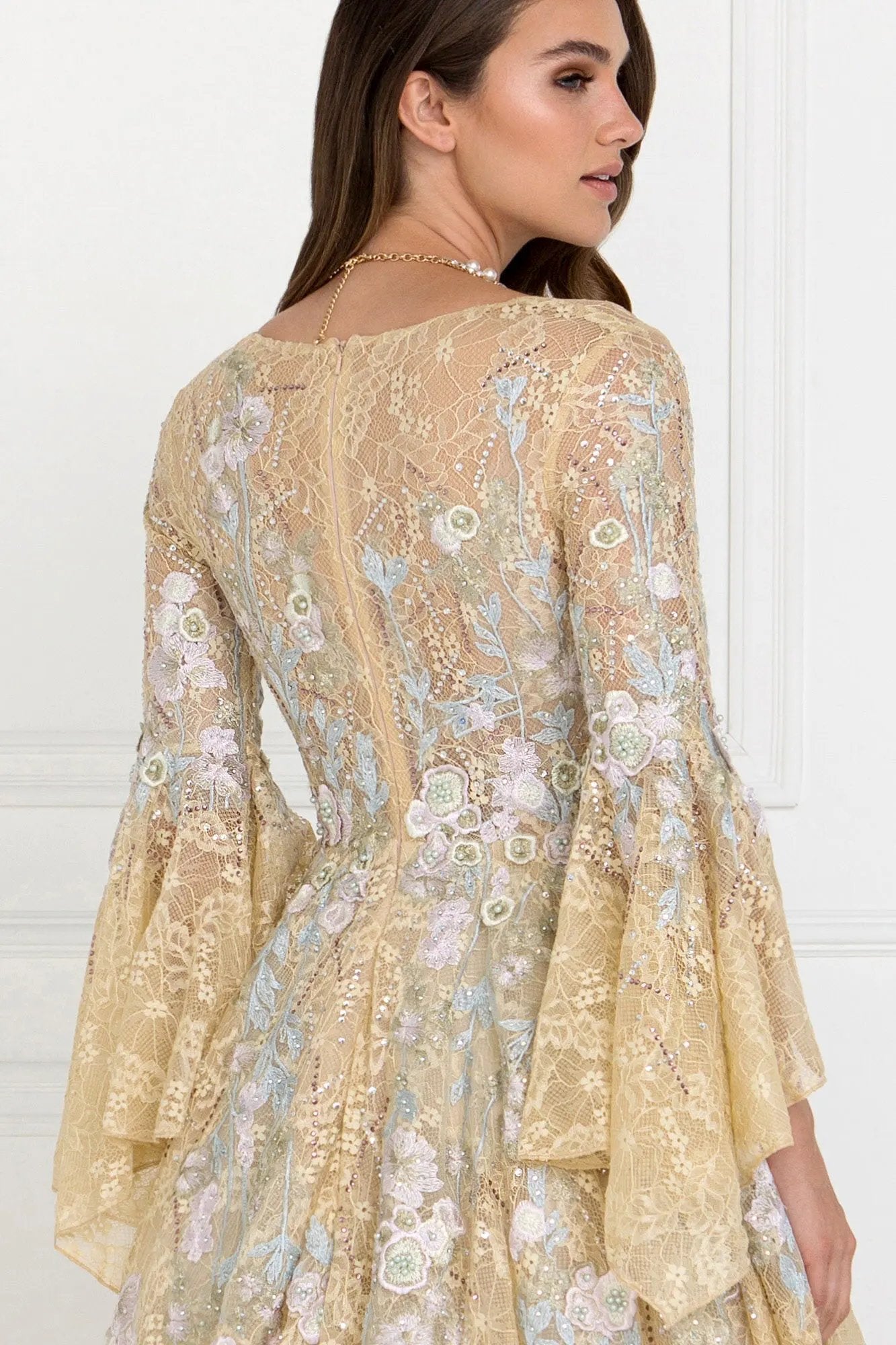 Lace V-Neck A-Line Long Dress with Embroidery and Trumpet Sleeves by Tux-USA