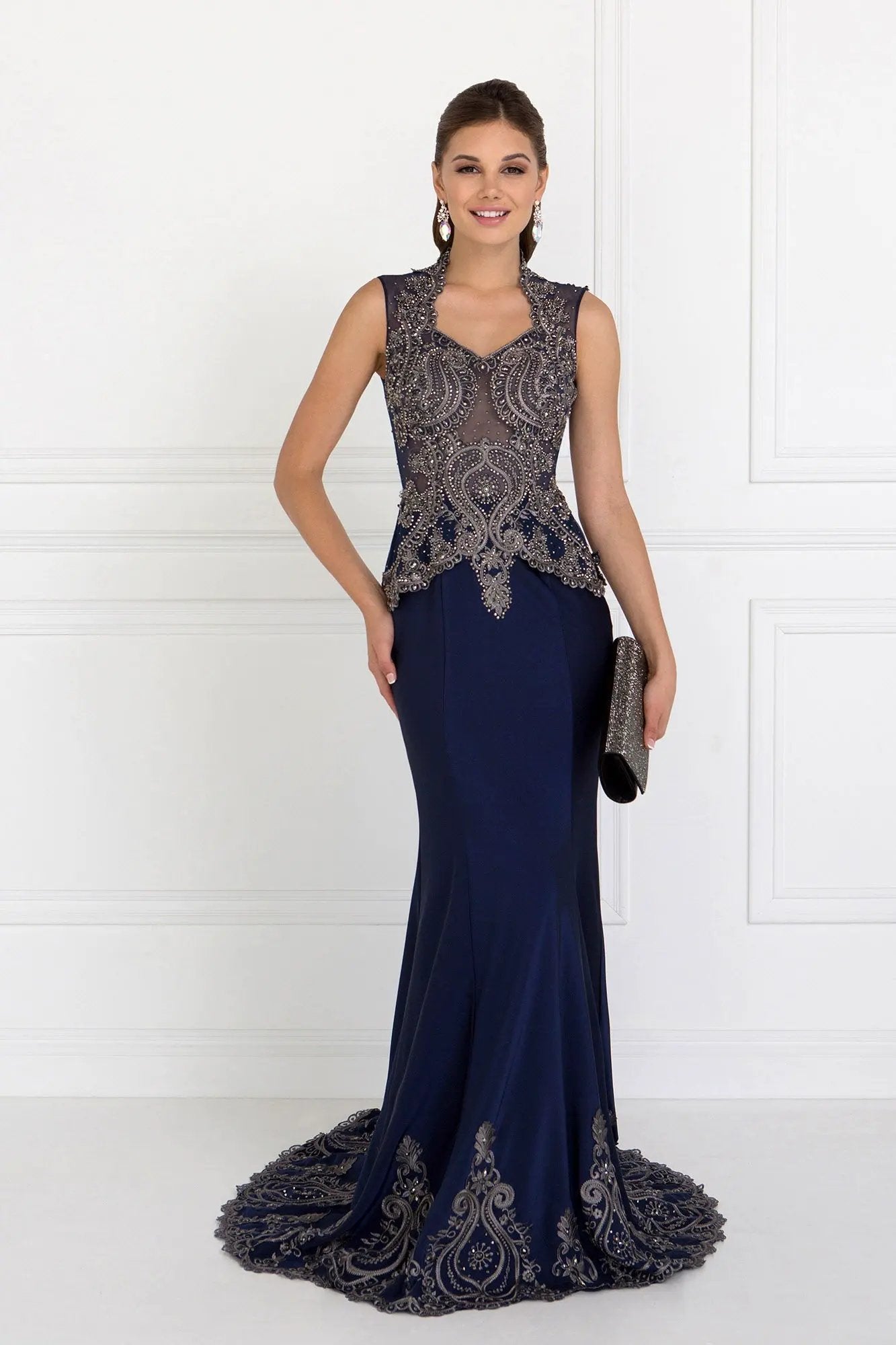 Rome Jersey Mermaid Dress Sleeveless Metallic Embroidery Navy by Tux-USA