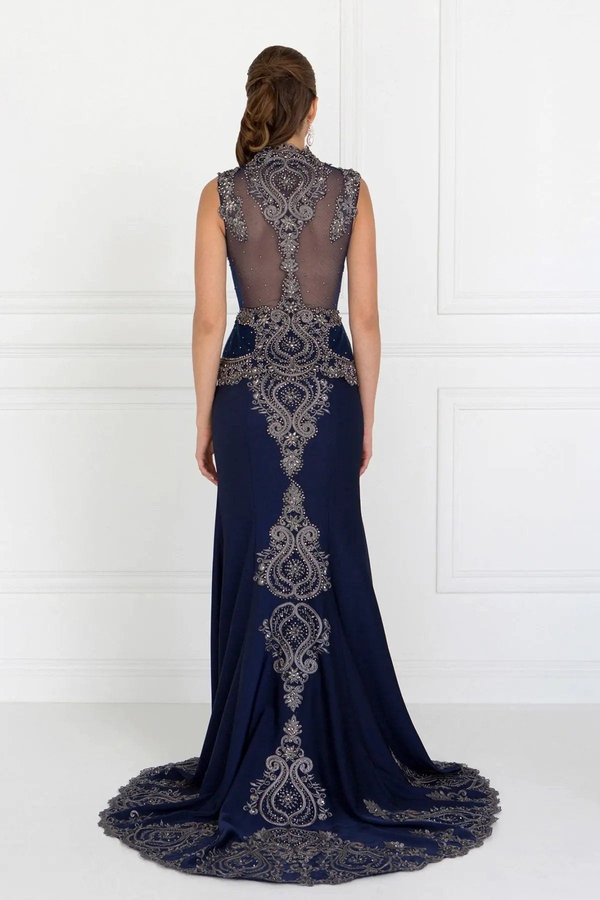 Rome Jersey Mermaid Dress Sleeveless Metallic Embroidery Navy by Tux-USA