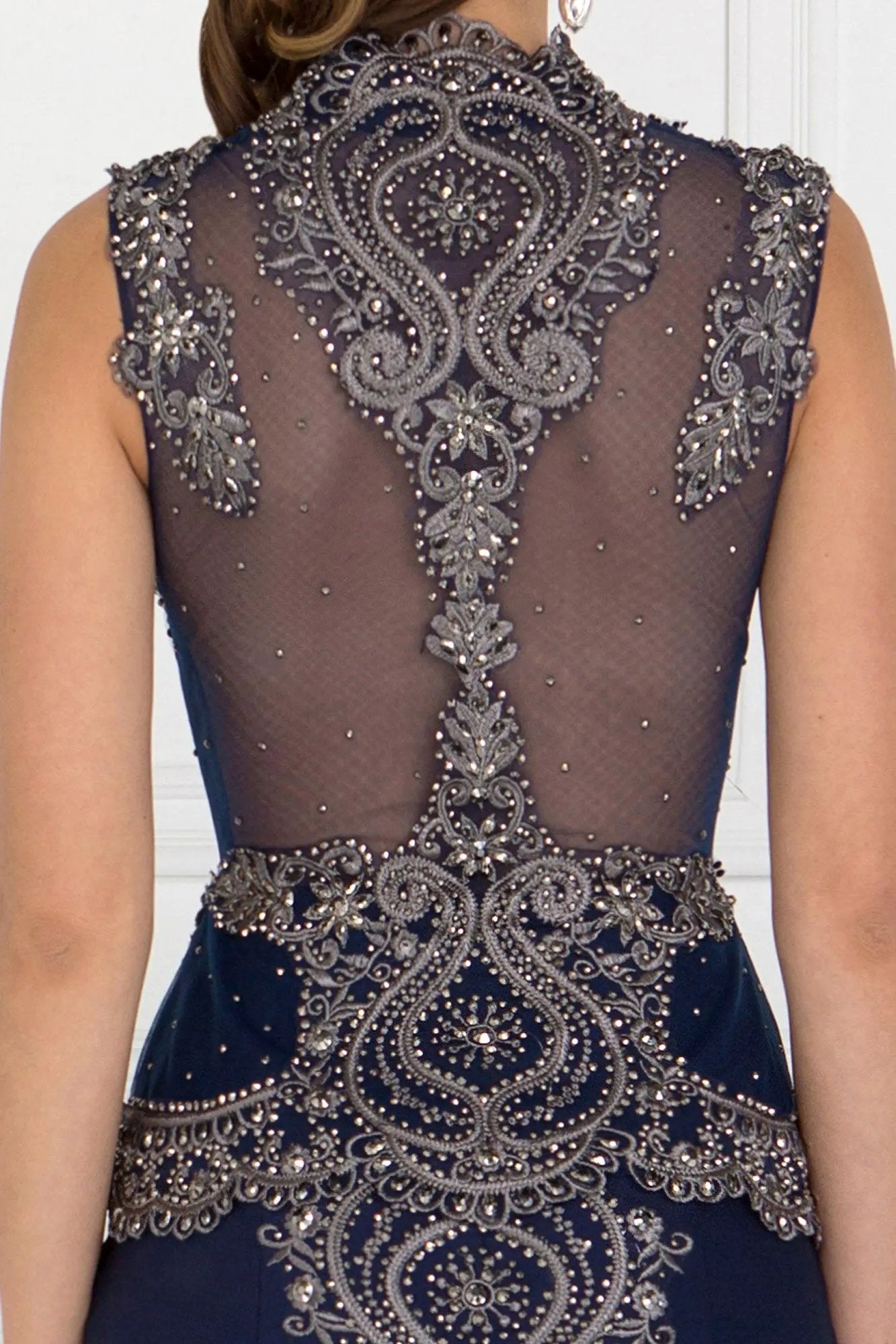 Rome Jersey Mermaid Dress Sleeveless Metallic Embroidery Navy by Tux-USA