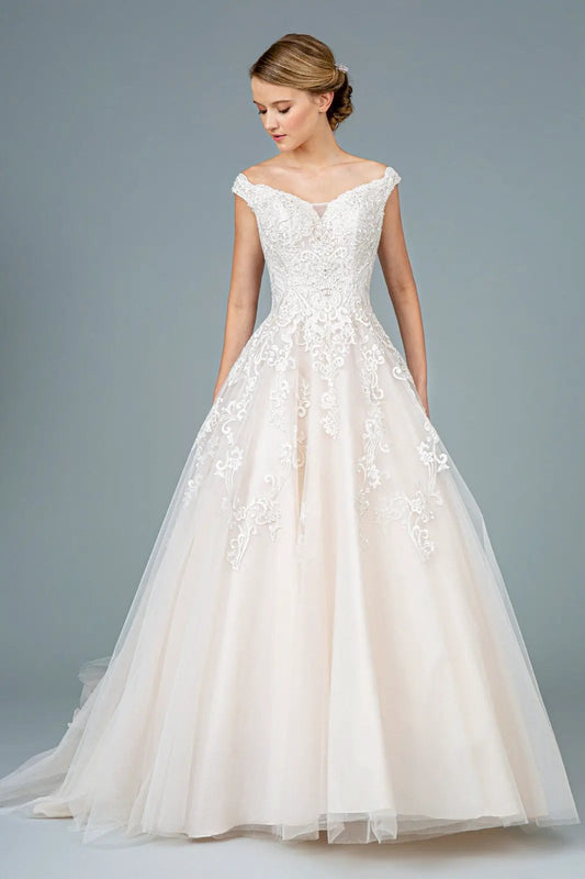 Embroidery Embellished Mesh A-Line Wedding Gown w/ Tail by Tux-USA