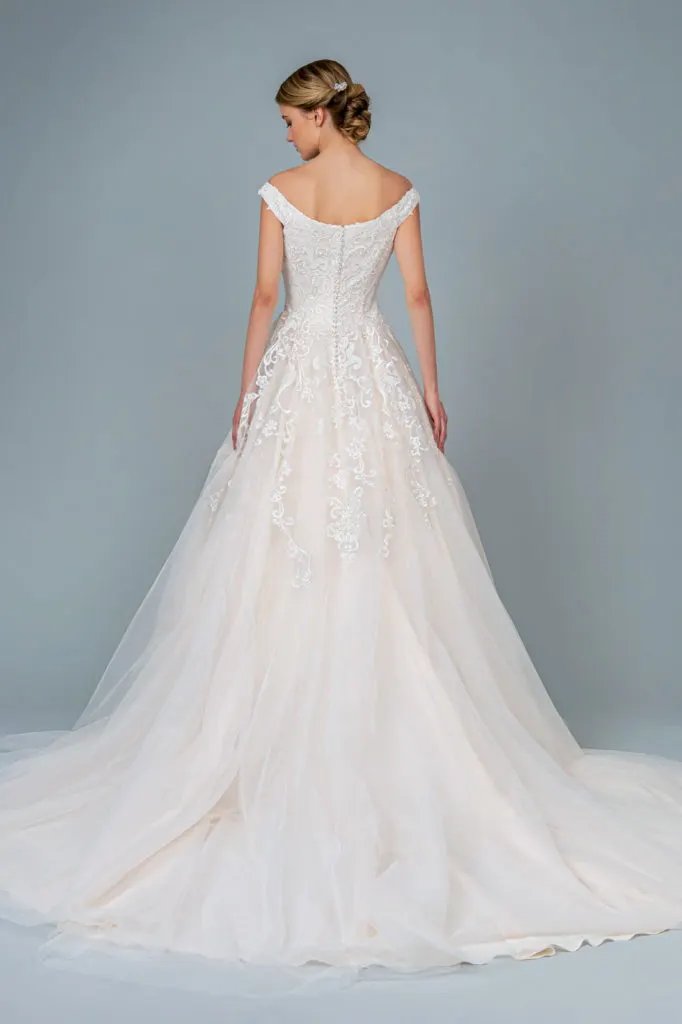 Embroidery Embellished Mesh A-Line Wedding Gown w/ Tail by Tux-USA