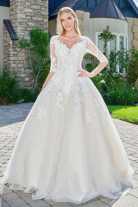 Wedding dress with V-neck, embroidered sparkly mesh and 1/2 sleeves by Tux-USA