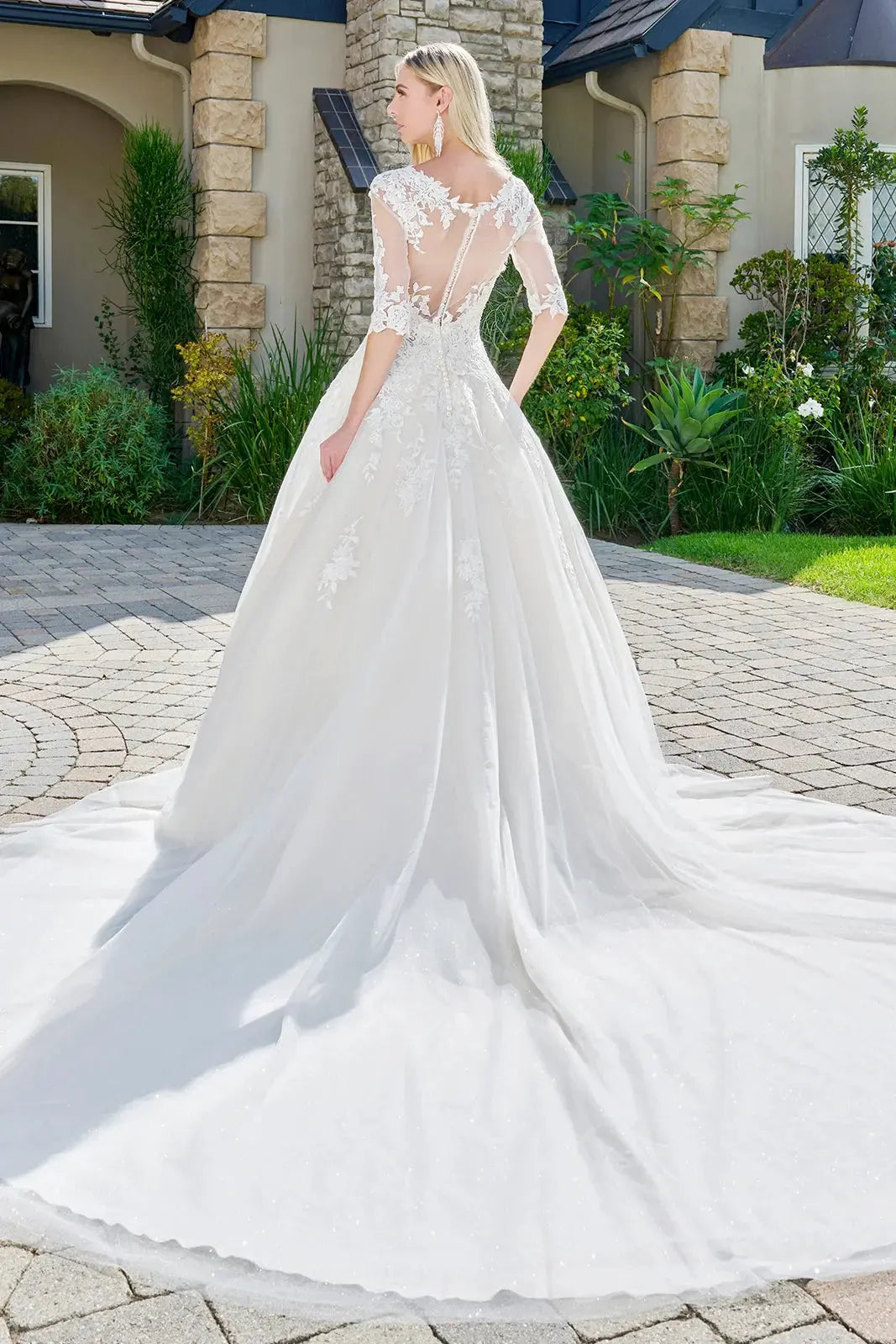 Wedding dress with V-neck, embroidered sparkly mesh and 1/2 sleeves by Tux-USA