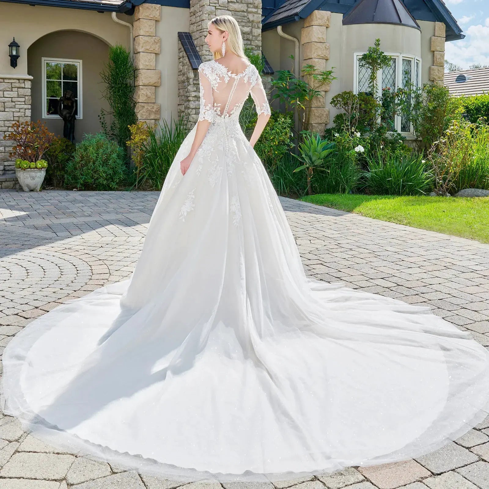 Wedding dress with V-neck, embroidered sparkly mesh and 1/2 sleeves by Tux-USA