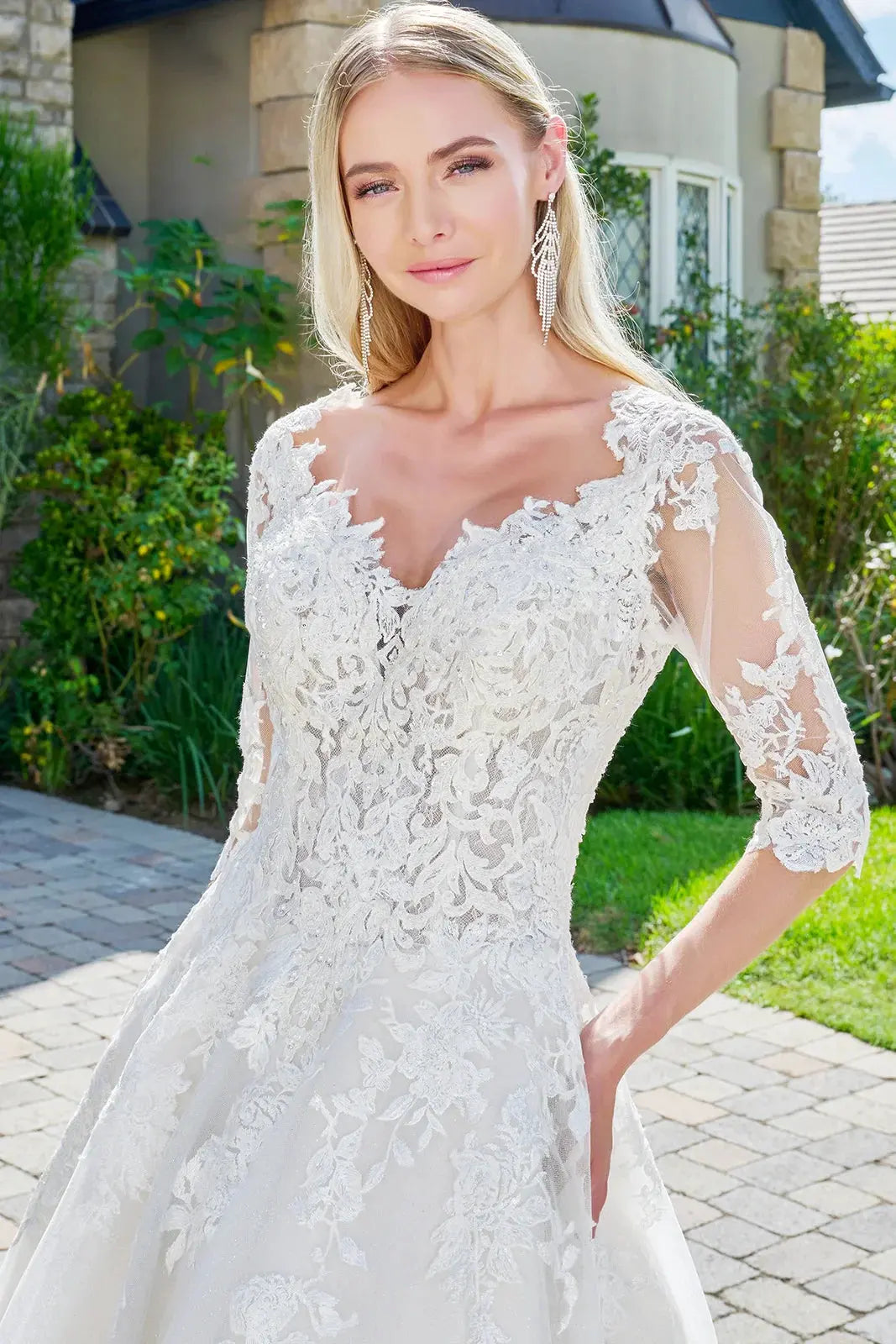 Wedding dress with V-neck, embroidered sparkly mesh and 1/2 sleeves by Tux-USA
