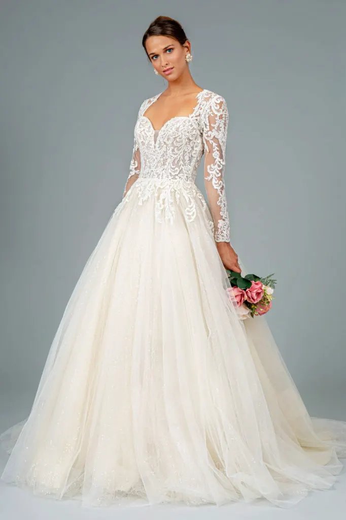 Illusion V-Neck Embroidered Mesh Wedding Gown w/ Sequin Lining by Tux-USA