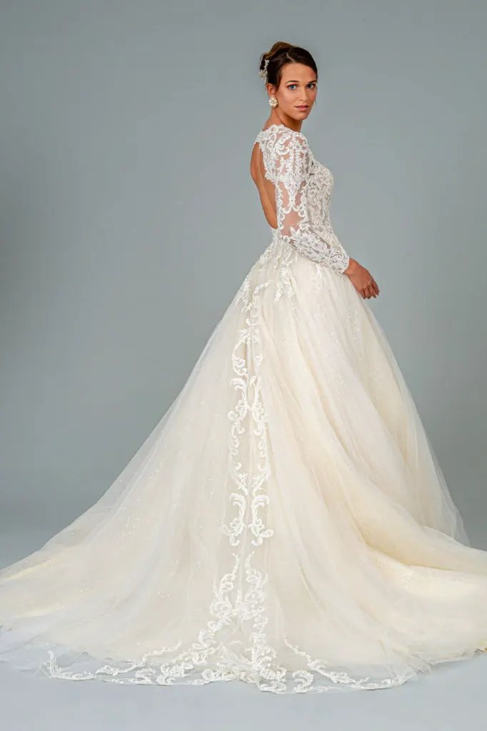 Illusion V-Neck Embroidered Mesh Wedding Gown w/ Sequin Lining by Tux-USA