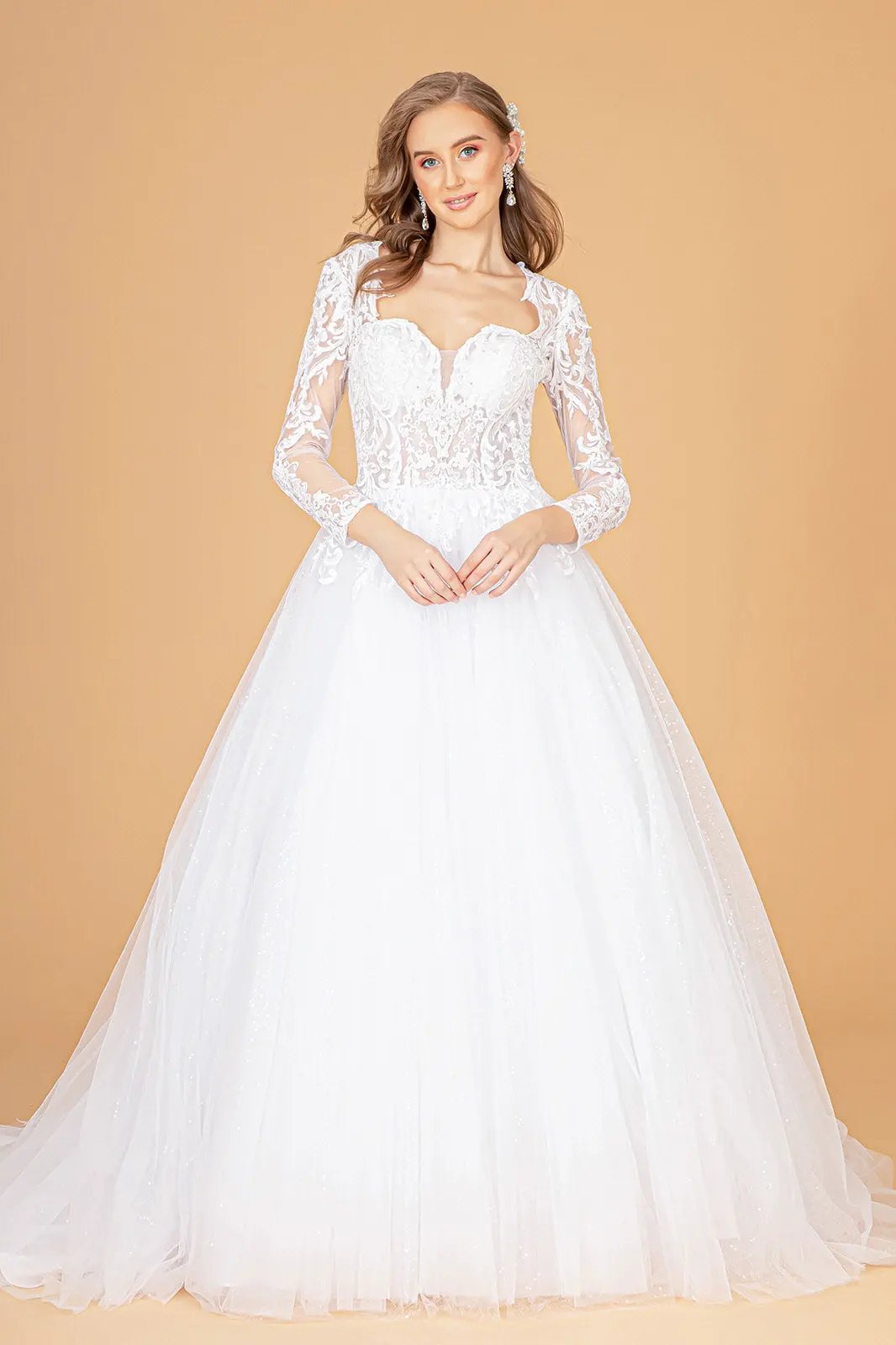 Illusion V-Neck Embroidered Mesh Wedding Gown w/ Sequin Lining by Tux-USA